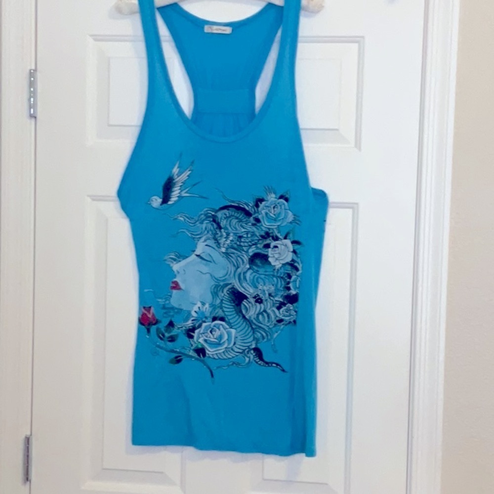 Ed Hardy vintage new perfect condition  Blue Graphic Tank Top lady, bird, roses
